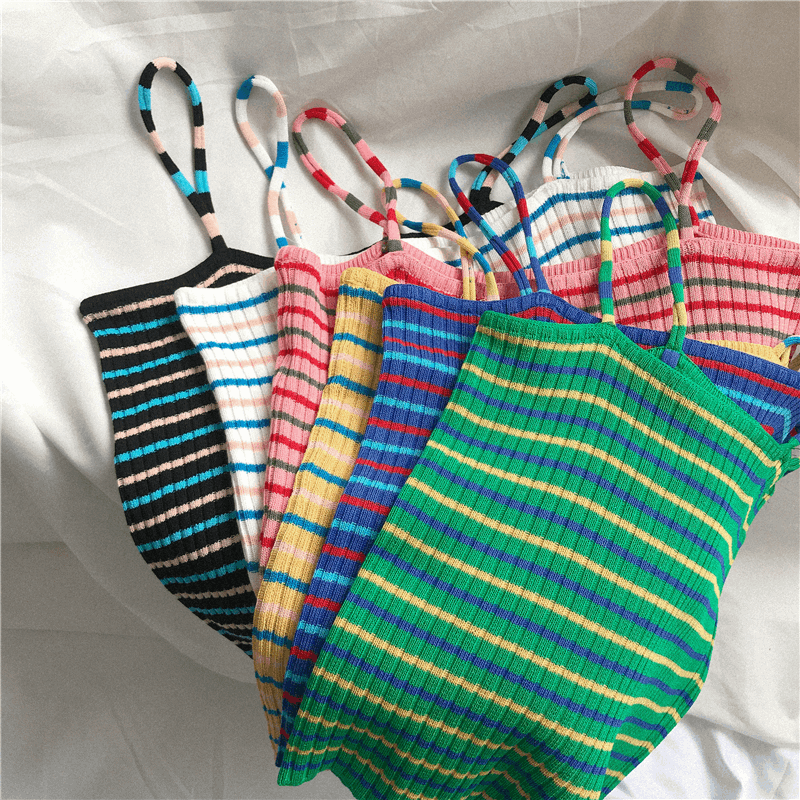 Women's Multicolour Striped Knit Spaghetti Strap Top