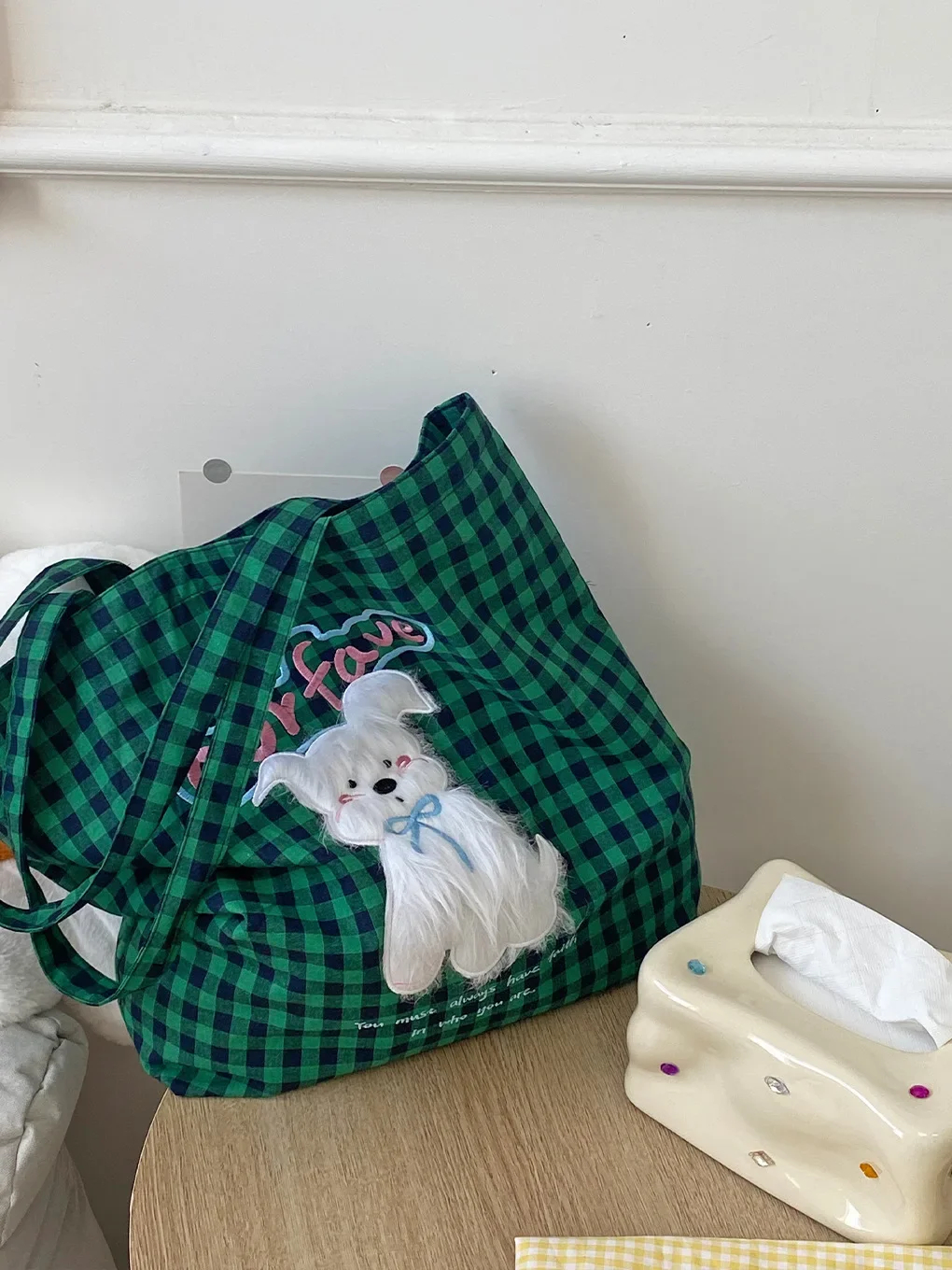 Fluffy Puppy Gingham Shoulder Bag (3 Designs) - Ice Cream Cake