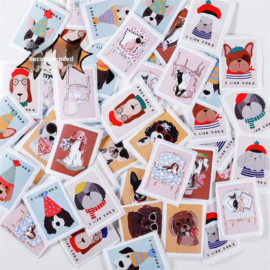 Collection of illustrated dog stamp stickers with various designs on a white background