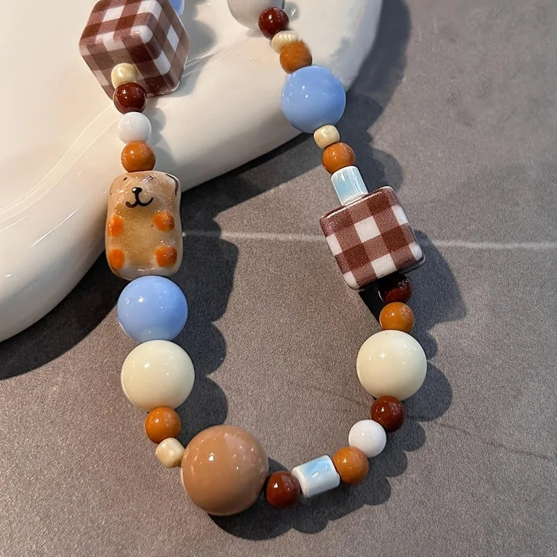 Korea Cute Brown Puppy Grid Block Blue Bead Beaded Phone Chain Charm Lanyard For iPhone 16 Samsung Universal Accessories Jewelry - Ice Cream Cake