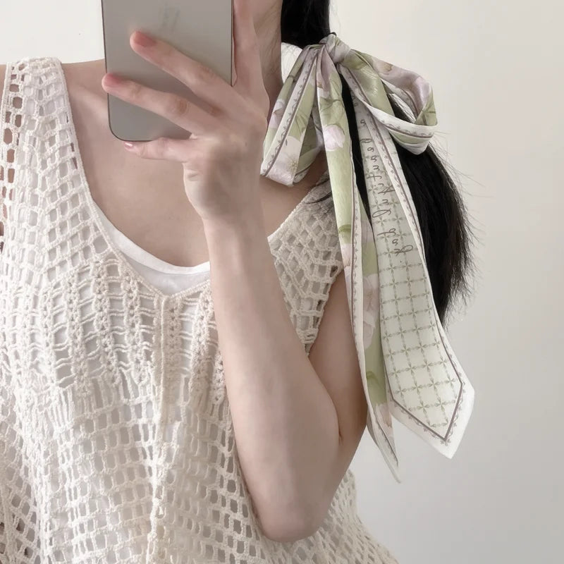 New Long Bag Scarf Women Hair Band Lady Accessories Print Skinny Scarves Headband Satin Ribbon Neck Tie Decorative Bag Scarves - Ice Cream Cake