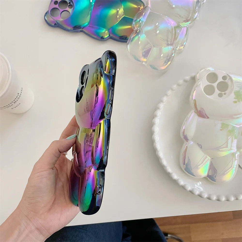 Ins Cute 3D Aurora Cartoon Bear Case For iPhone 11 13 12 14 15 16 17 Pro Max Plus Air Colorful Laser Rainbow Gradient Soft Cover - Ice Cream Cake