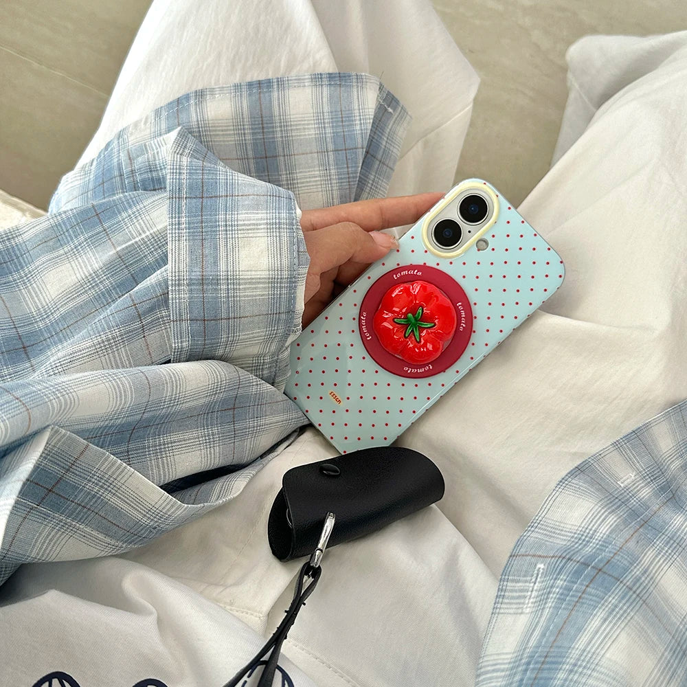 3D Polka Dot Cute Tomato Magnetic Grip Tok Phone Stand Holder Phone Case for iPhone 16 15 13 17 Pro Max For Magsafe Back Cover - Ice Cream Cake
