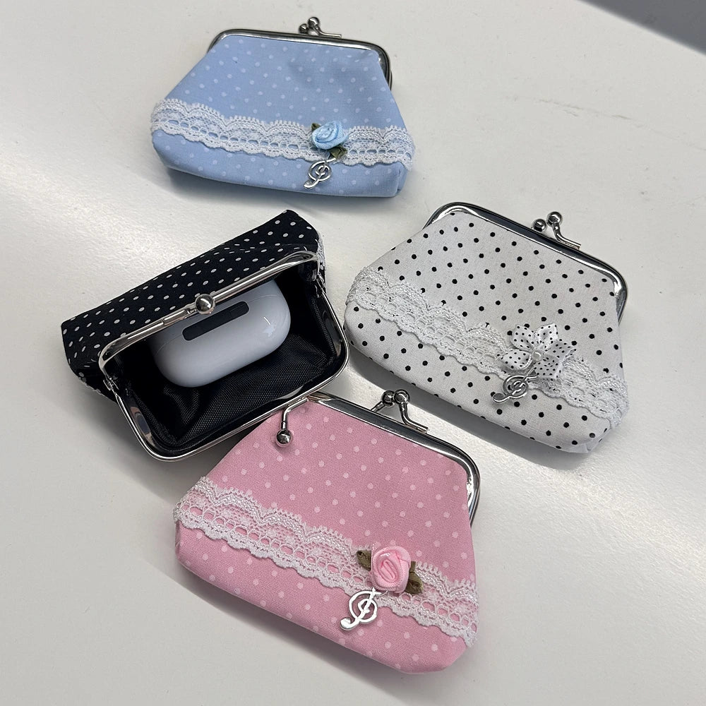 Cute Y2k Coin Purses Lady Small Wallet Wave Dot Handmade Lace Showa Rose Vintage Bag Hanging Pendant Earphone Bag Wallet - Ice Cream Cake