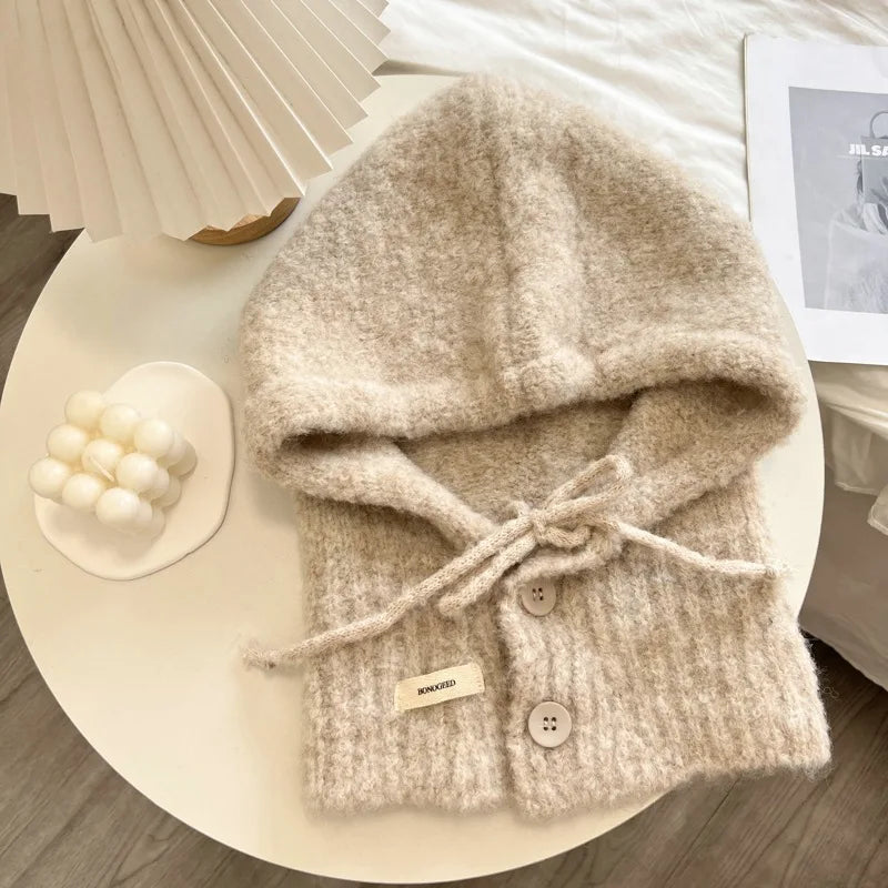 2025 New Style South Korea Balaclava Hat All-in-One Warm Keeping Ear Protection Hooded Scarf Knitted Woolen Cap - Ice Cream Cake