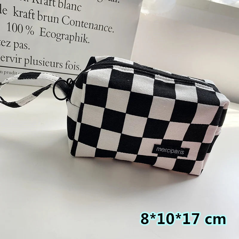 Korean Fashion Plaid Travel Makeup Kits Cosmetic Storage Bag Women Handbags Wallet Organizer Cute School Pencil Cases Pouch Bags - Ice Cream Cake