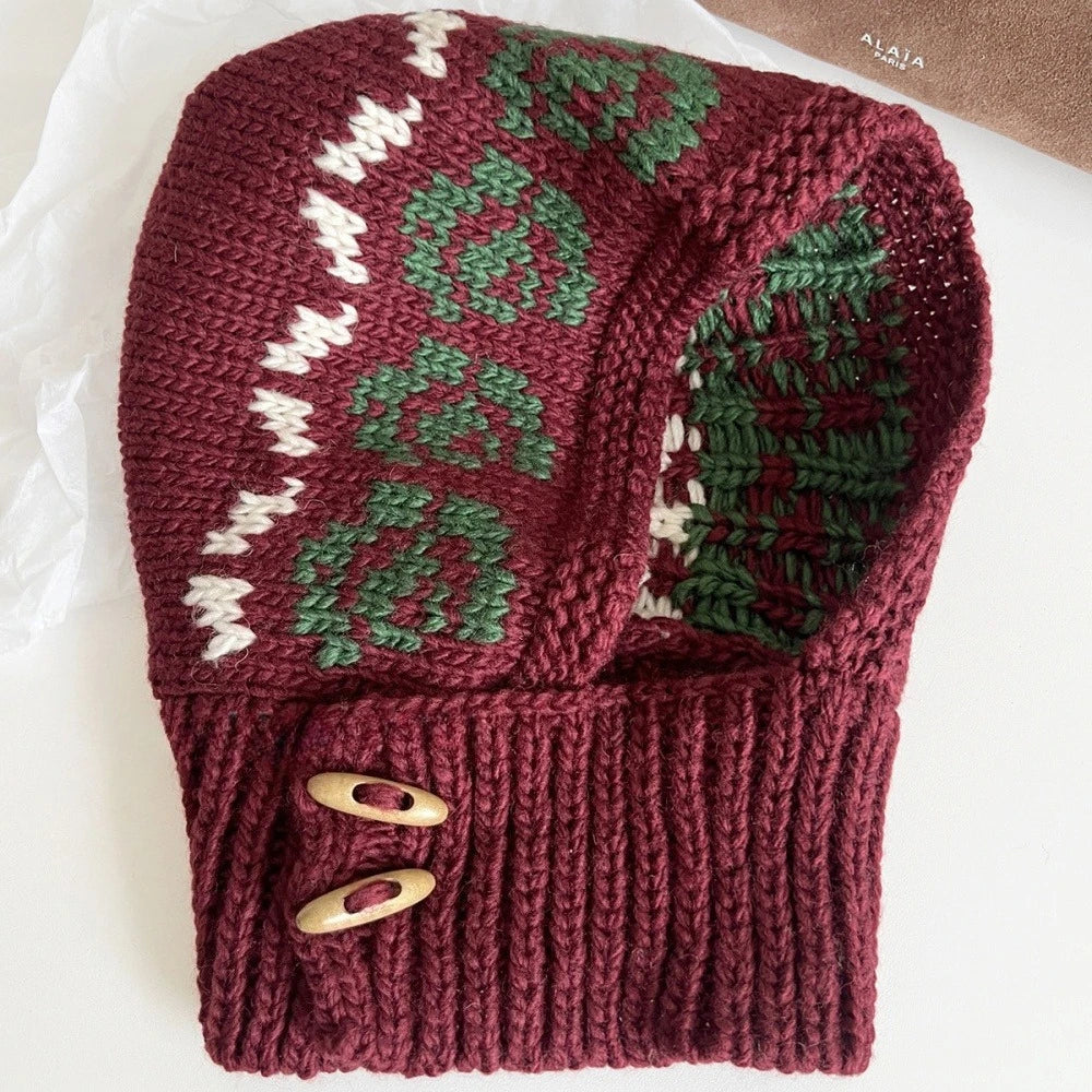 Rose Detail Knitted Duffle Button Balaclava