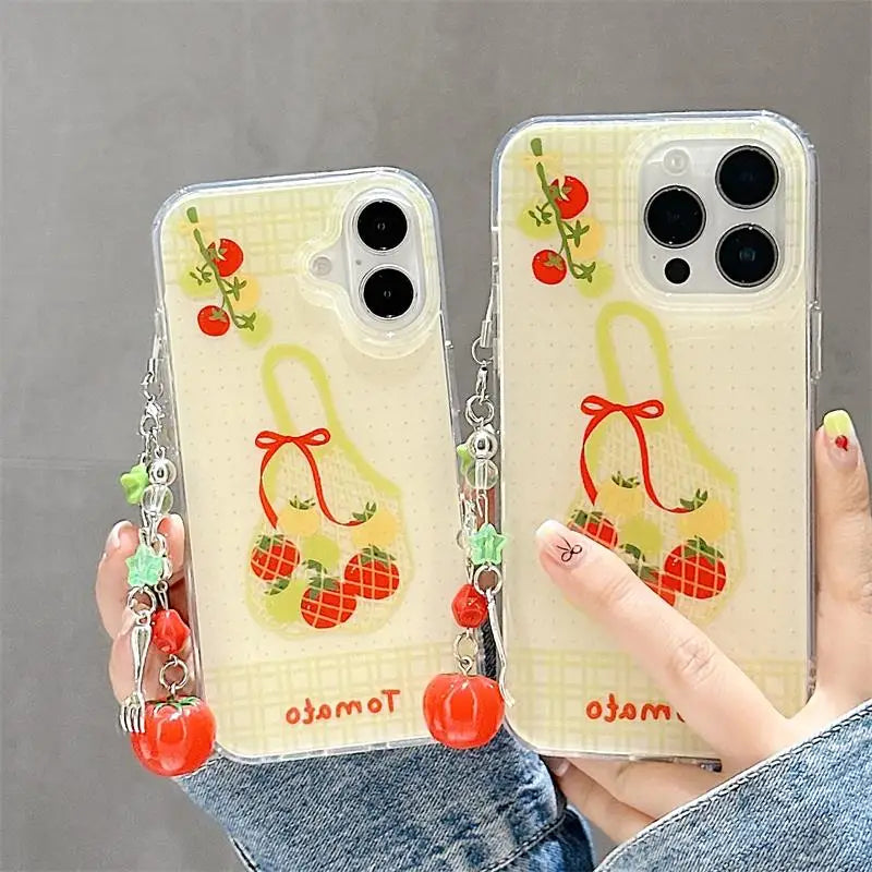 Korean Cute Shopping Bag Phone Case For iPhone 17 16 15 14 13 12 11 Pro Max 16E 17Air 7 8 Plus With Red Tomato Pendants Cover - Ice Cream Cake