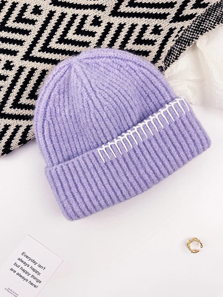 Contrast Border Ribbed Knit Beanie Hat