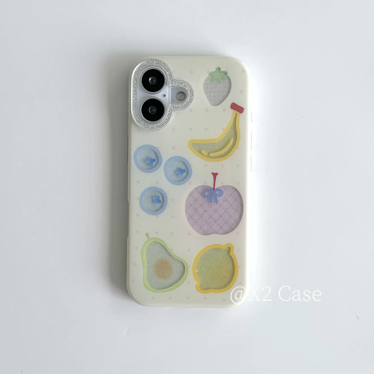Phone case with fruit illustrations on a white background