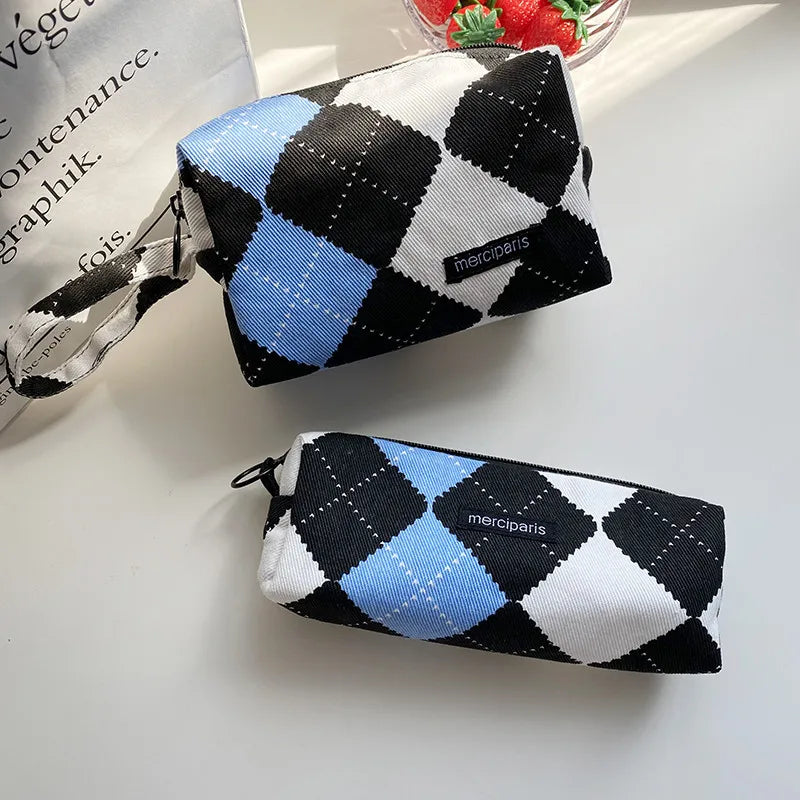 Korean Fashion Plaid Travel Makeup Kits Cosmetic Storage Bag Women Handbags Wallet Organizer Cute School Pencil Cases Pouch Bags - Ice Cream Cake
