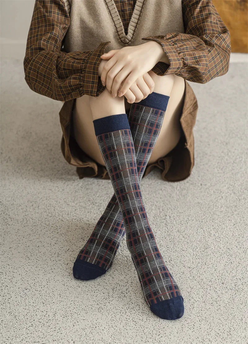Plaid Long Socks Stocking Women Stockings Harajuku Retro Vintage JK School Girls Cotton Knee Socks Women Stockings College Style - Ice Cream Cake