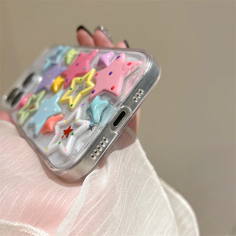 Bling 3D Dopamine Stars Phone Case for iPhone 16 15 14 13 Plus 12 Pro Max 11 Glitter Colorfur Transparent Cover Cases - Ice Cream Cake