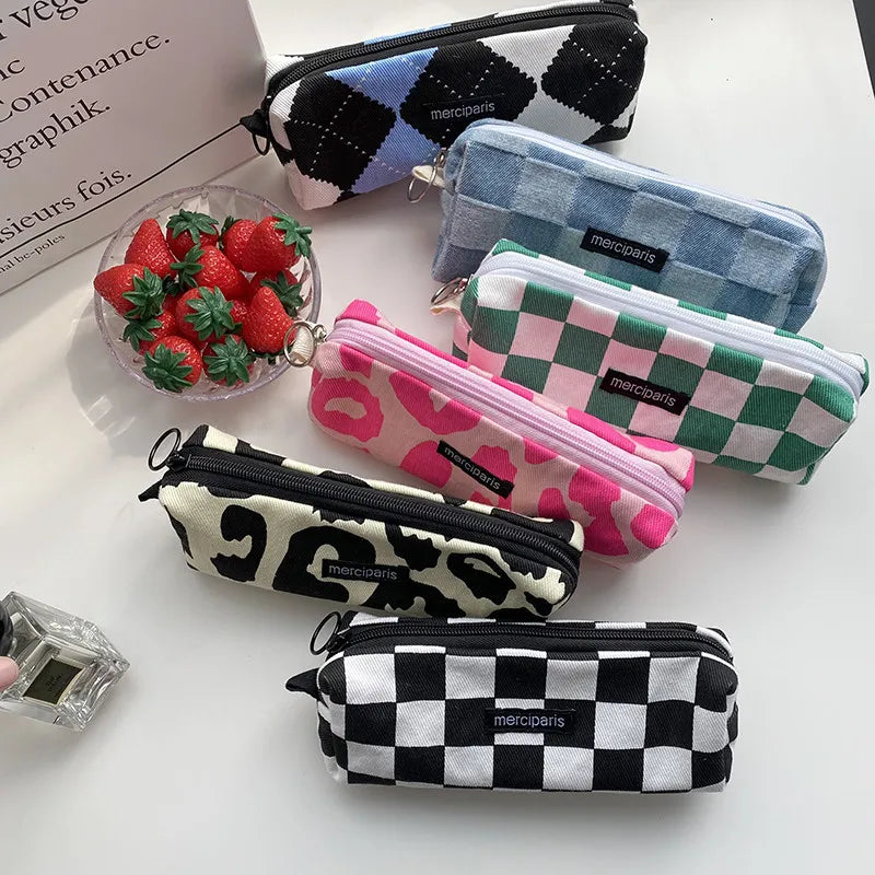 Korean Fashion Plaid Travel Makeup Kits Cosmetic Storage Bag Women Handbags Wallet Organizer Cute School Pencil Cases Pouch Bags - Ice Cream Cake