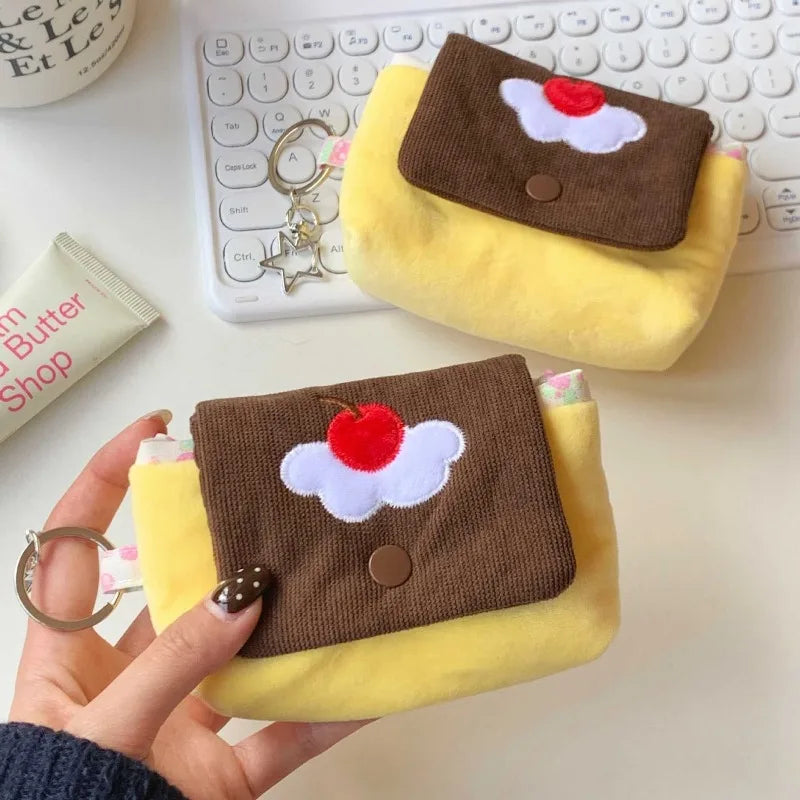 Multifunctional Small Pouch for Girls Cute Cherry Pudding Plush Coin Purse Mini Cartoon Portable Wallet for Cards Earphones Case - Ice Cream Cake