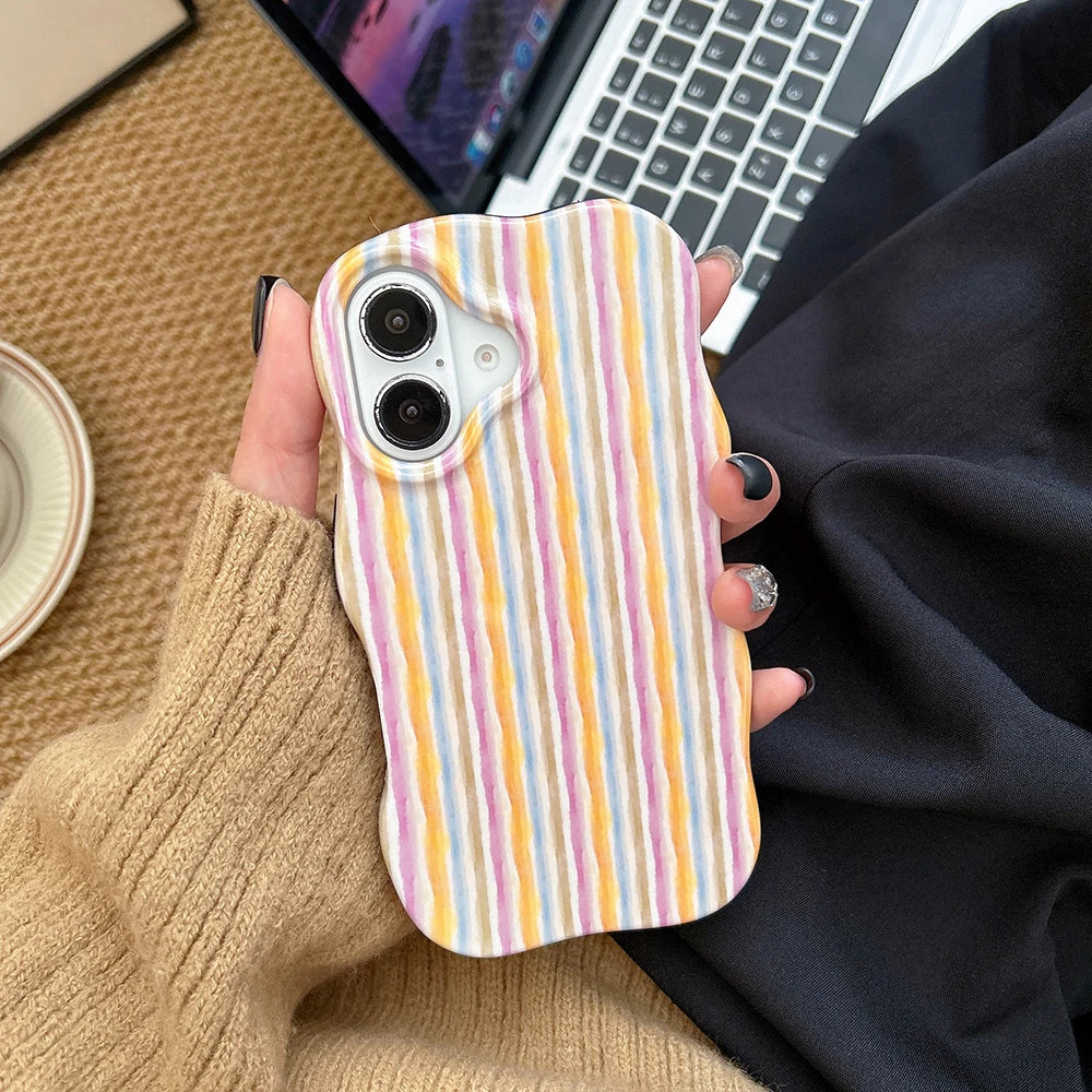 Fashion 2 in 1 Artistic Stripes Phone Case for iPhone 13 14 15 16 17 Pro Max Wave Edges Comfortable Touch Hard Slim Back Cover - Ice Cream Cake