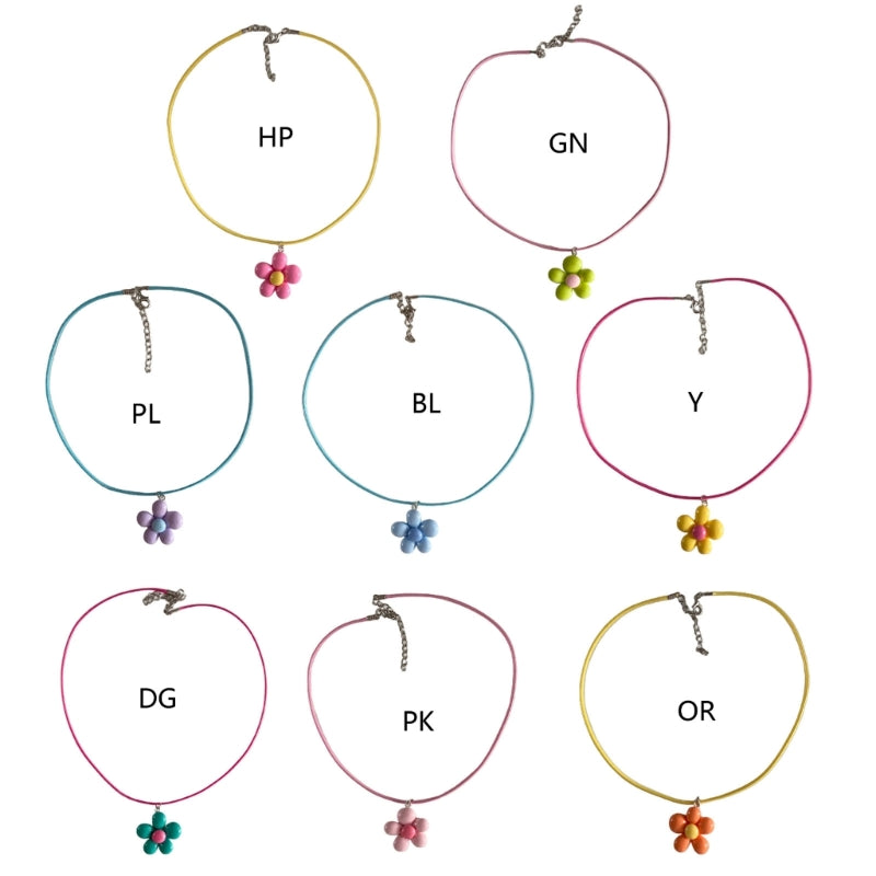 Set of necklaces with colorful flower pendants labeled HP, GN, PL, BL, Y, DG, PK, and OR on a white background.