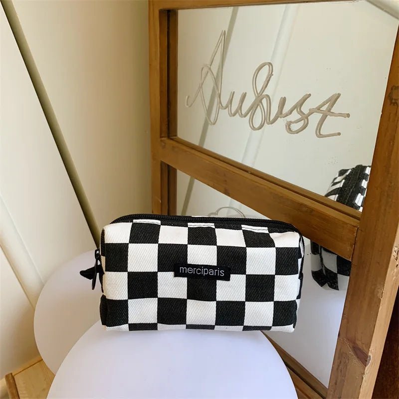 Korean Fashion Plaid Travel Makeup Kits Cosmetic Storage Bag Women Handbags Wallet Organizer Cute School Pencil Cases Pouch Bags - Ice Cream Cake