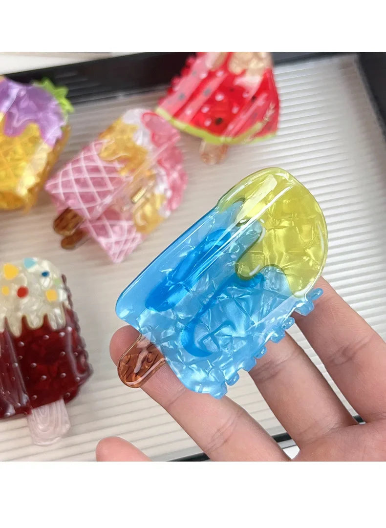 Creative Vacation Watermelon Ice Cream Hair Clip Summer Cartoon Chocolate Ice Cream Shark Clip Half-up Hair Accessory for Women - Ice Cream Cake