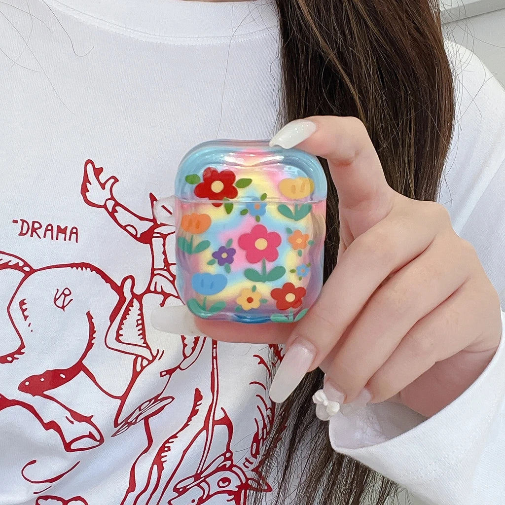 Fashion Dopamine Colorful Flower Print With Beaded Charm Pendant Protect Earphone Cover Case for AirPods 1 or 2 3 4 Pro 2 Pro 3 - Ice Cream Cake