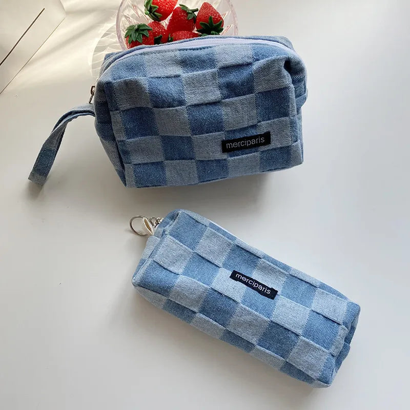 Korean Fashion Plaid Travel Makeup Kits Cosmetic Storage Bag Women Handbags Wallet Organizer Cute School Pencil Cases Pouch Bags - Ice Cream Cake