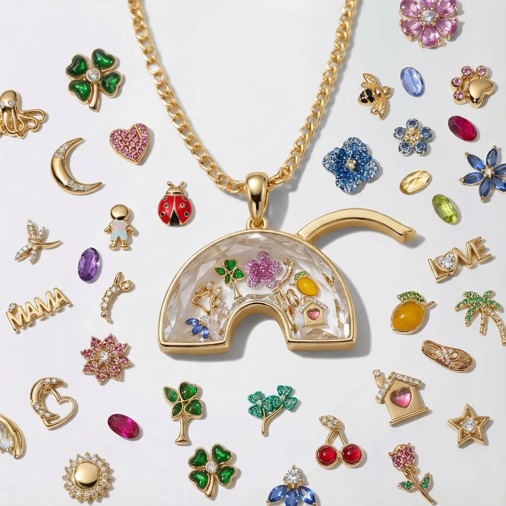 Collection of gold and colorful gemstone pendants on a light background
