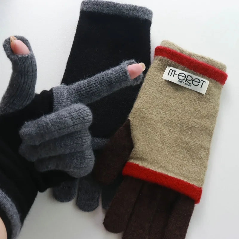 Thickened Leaky Finger Korean Style Ladies Dual-Use Color Matching Knitted Fashion Touch Screen Finger Knitting Wool Gloves - Ice Cream Cake