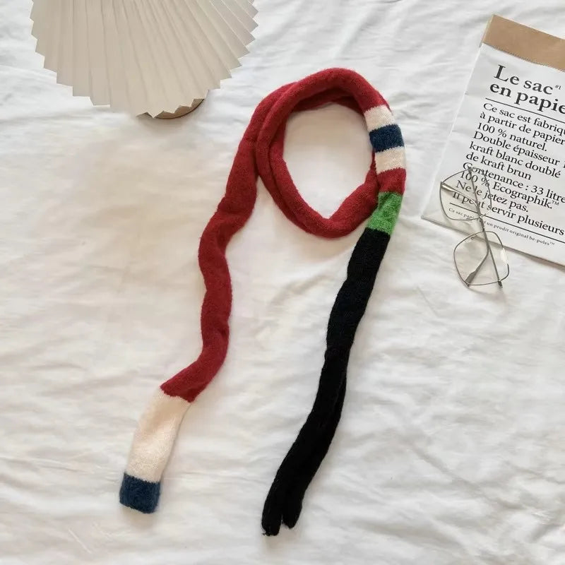 Wool Striped Plush Scarf Women's Niche Design Sense Spice Girl Versatile Decoration Korean Version Thin and Narrow Long Scarf - Ice Cream Cake