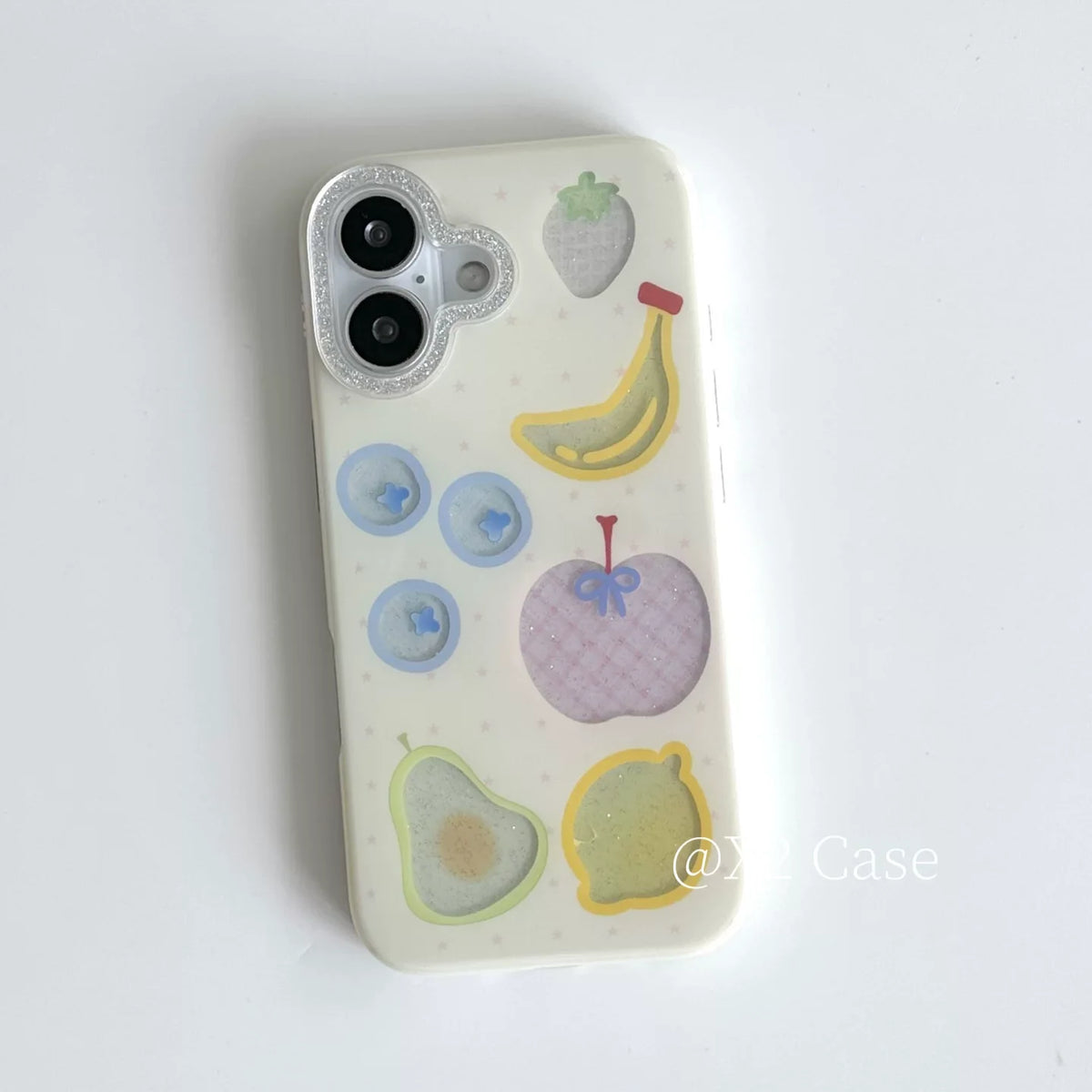 Phone case with fruit illustrations on a white background