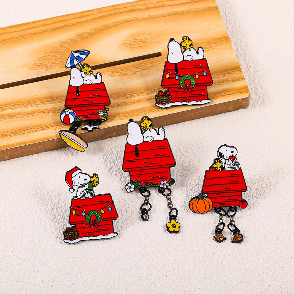 Seasonal Snoopy Dog House Enamel Pin with Dangly Charms