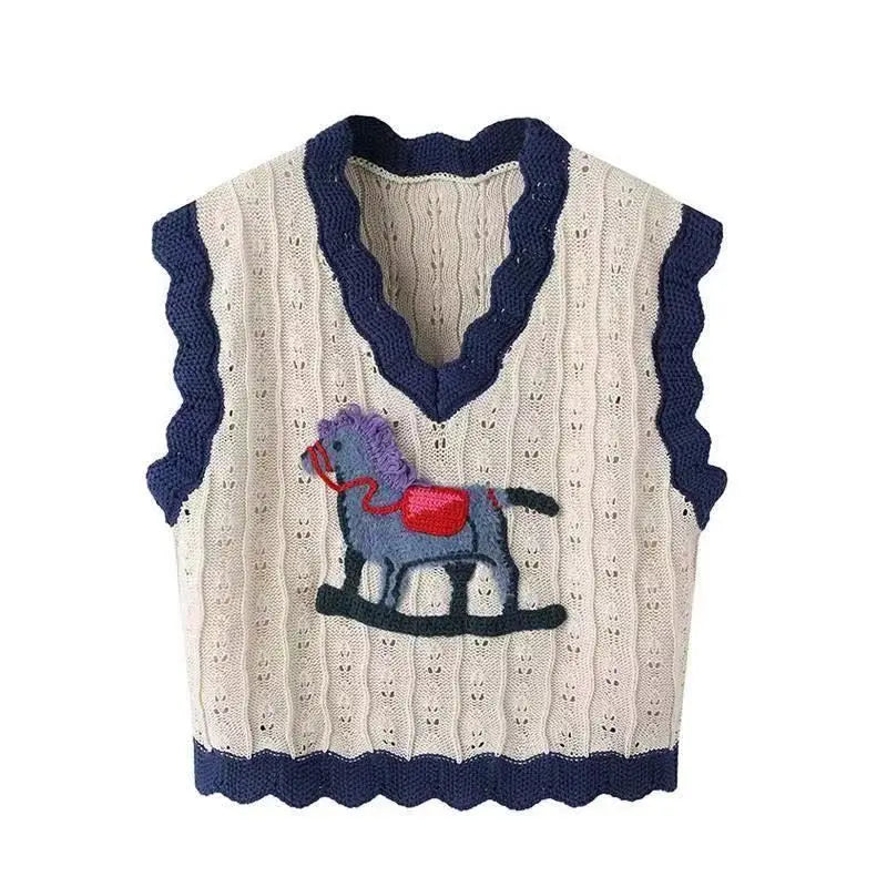 Knitted vest with a rocking horse design on a white background