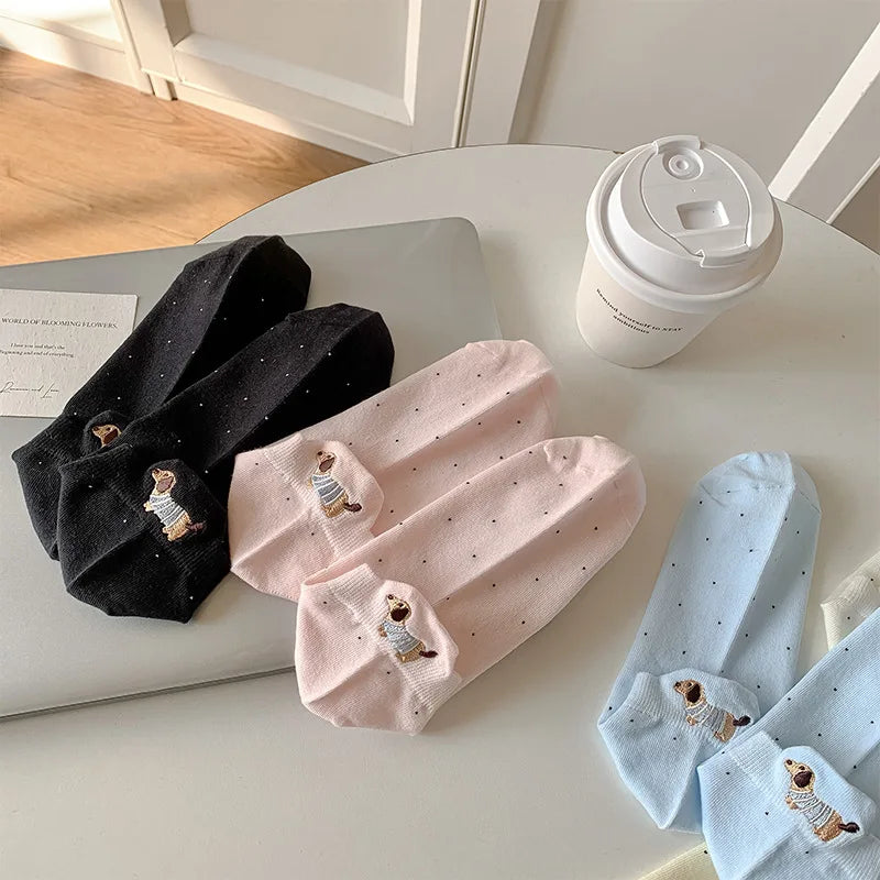 Spring Summer Thin Women Short Socks Polka Dots Cute Cartoon Sausage Dog Embroidery Boat Socks Pure Cotton Short Trendy Socks - Ice Cream Cake