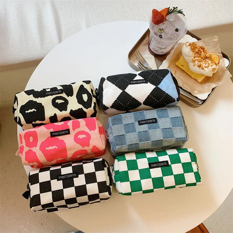 Korean Fashion Plaid Travel Makeup Kits Cosmetic Storage Bag Women Handbags Wallet Organizer Cute School Pencil Cases Pouch Bags - Ice Cream Cake