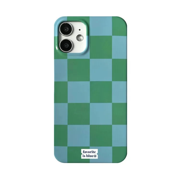 A phone case featuring a green and light blue checkerboard pattern, shown on a plain white background. The brand name 'favorite is blue' is printed on a small white label at the bottom.