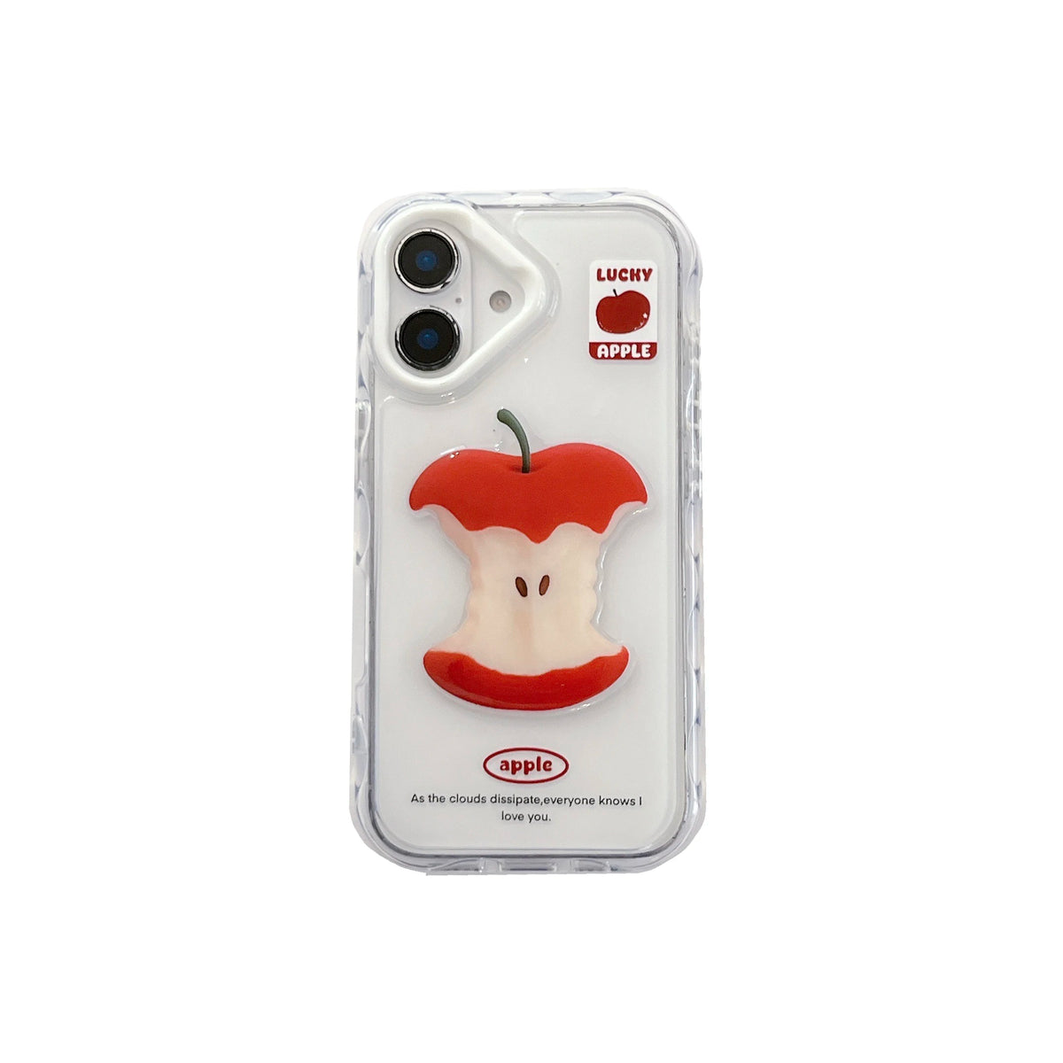 A clear protective phone case featuring a 3D red apple core design on the back, with a small red apple graphic and the word 'LUCKY APPLE' on the upper right, and a red oval 'apple' logo near the bottom.