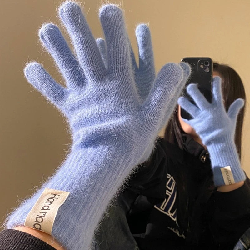 Women Wool Cashmere Gloves Cable Knit Touchscreen Finger Hole Winter Autumn Warm Wrist Length Classic Gloves Female Mitten - Ice Cream Cake