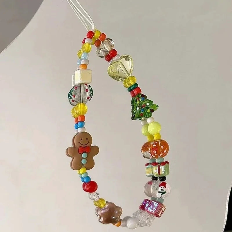 Korean Lovely 3D Christmas Gingerbread Man Beaded Phone Acrylic Pendant Keychain For IPhone Girl Anti-Lost Chain Hanging Jewelry - Ice Cream Cake