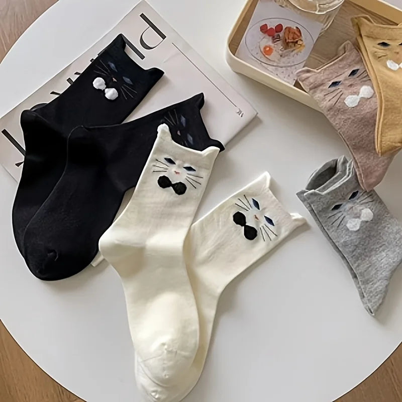 5 Pairs Cartoon Ear Kitten, Fashionable Cute Animal Cat Mid-Tube Socks - Ice Cream Cake