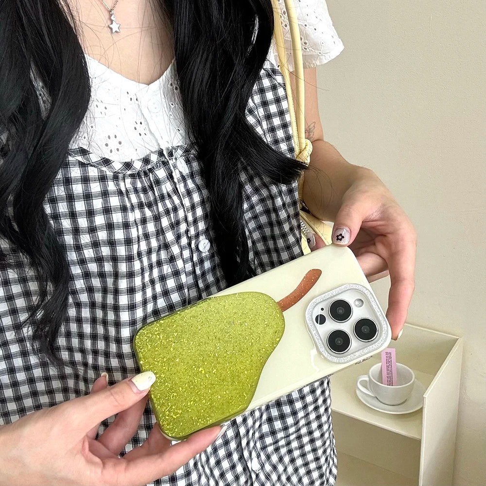 Fashion Cute Pear Glitter Bling Phone Case for iPhone 15 16 14 13 17 Pro Max Diamond Clear Luxury Transparent Cover Women Girl - Ice Cream Cake