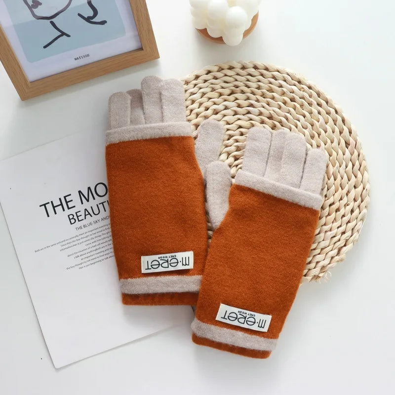 Thickened Leaky Finger Korean Style Ladies Dual-Use Color Matching Knitted Fashion Touch Screen Finger Knitting Wool Gloves - Ice Cream Cake