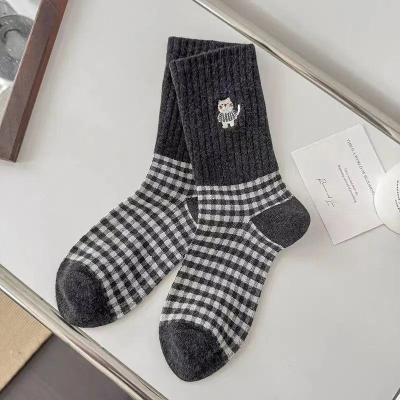 4 Pairs Cute Cartoon Cat Embroidery Socks Women's Casual Fashion Checkered Mid Calf Socks Korean Style Cute Girls Sock - Ice Cream Cake