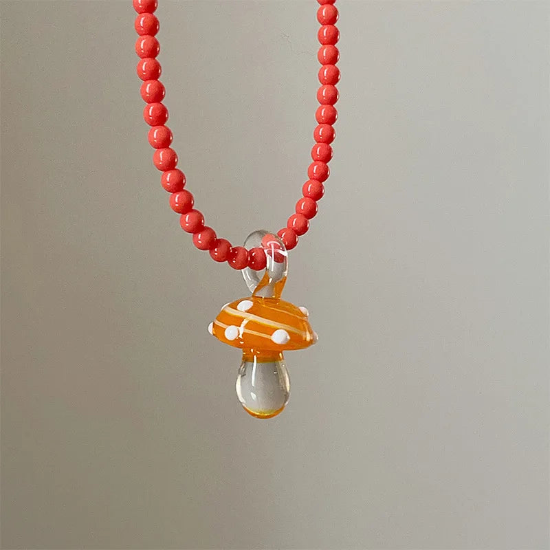 Beaded Mushroom Charm Necklace