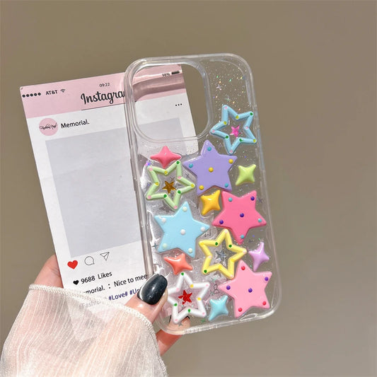 Bling 3D Dopamine Stars Phone Case for iPhone 16 15 14 13 Plus 12 Pro Max 11 Glitter Colorfur Transparent Cover Cases - Ice Cream Cake