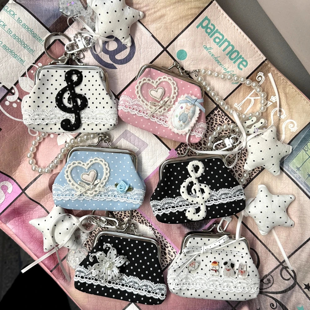 Cute Y2k Coin Purses Lady Small Wallet Wave Dot Handmade Lace Showa Rose Vintage Bag Hanging Pendant Earphone Bag Wallet - Ice Cream Cake