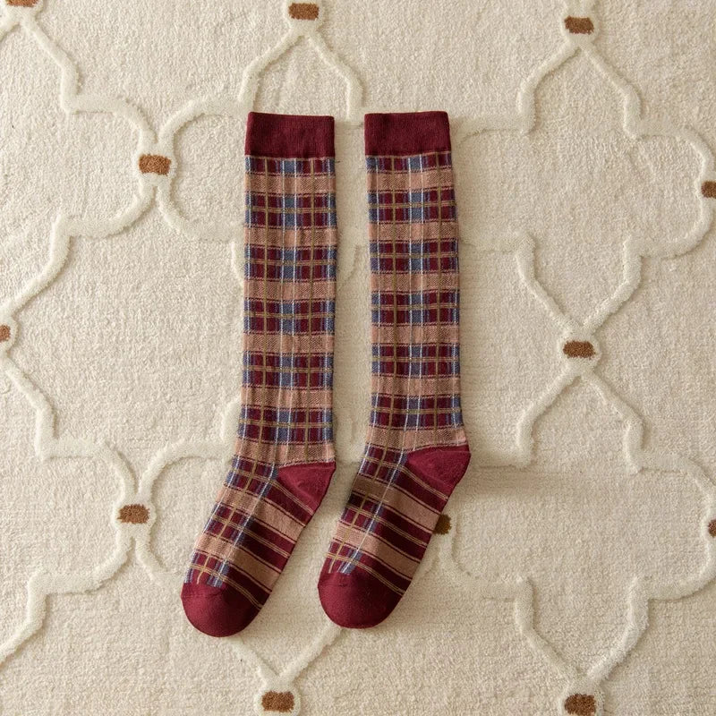 Plaid Long Socks Stocking Women Stockings Harajuku Retro Vintage JK School Girls Cotton Knee Socks Women Stockings College Style - Ice Cream Cake