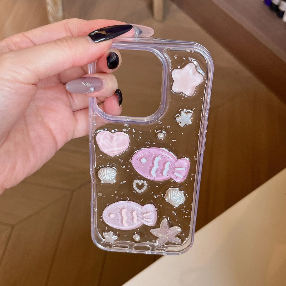 Pink 3D Fish and Stars Resin iPhone Case