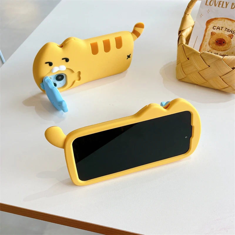 3D Cute Cat Eat Fish Silicone Phone Case For iPhone 17ProMax 17 16 15 14 13 12 Pro Max Funny Cartoon Camera Protection Cover - Ice Cream Cake