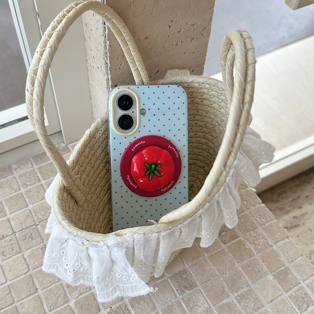 3D Polka Dot Cute Tomato Magnetic Grip Tok Phone Stand Holder Phone Case for iPhone 16 15 13 17 Pro Max For Magsafe Back Cover - Ice Cream Cake