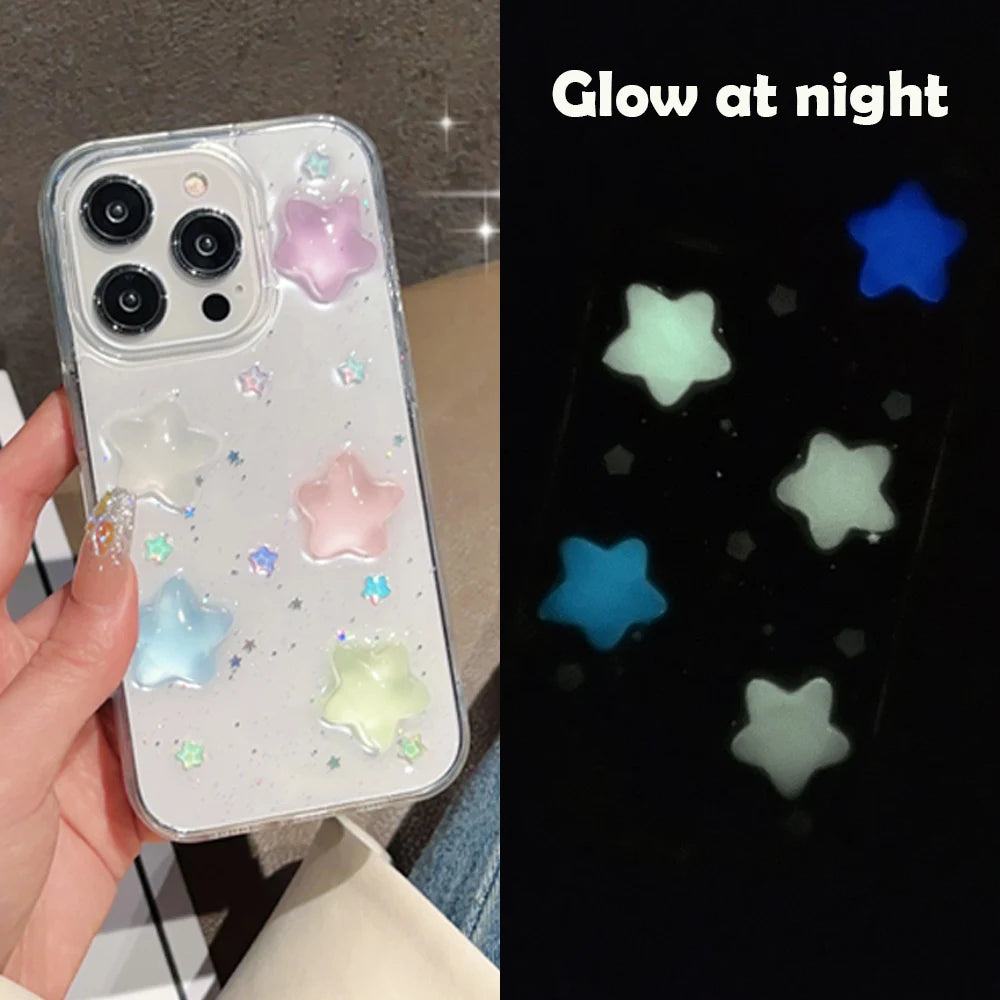 Super Cute Glow in dark Case for iPhone 16 15 14 13 17 Pro Max Cases Shockproof IPhone 17 air Soft Cover 3D Star kawaii Coque - Ice Cream Cake