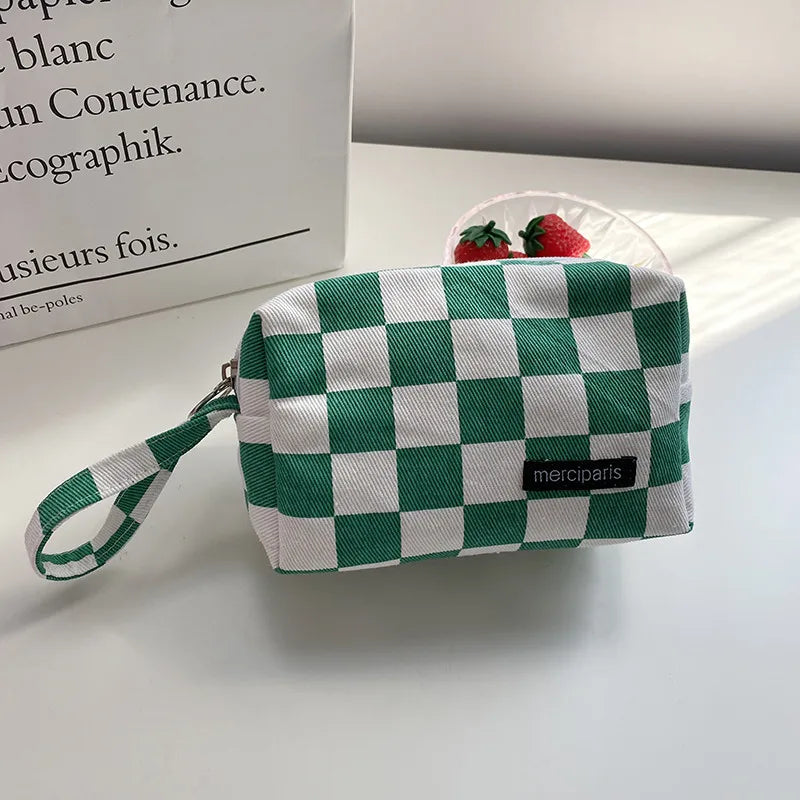 Korean Fashion Plaid Travel Makeup Kits Cosmetic Storage Bag Women Handbags Wallet Organizer Cute School Pencil Cases Pouch Bags - Ice Cream Cake